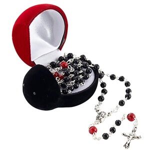Ladybug velvet case Black and Red Glass Beaded Rosary 16”L for women or kids new